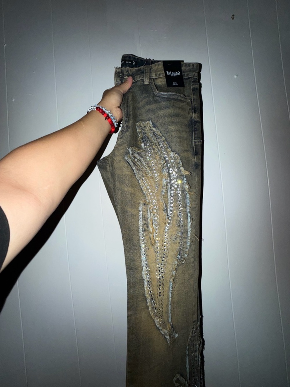 Men Embellished DistressedJeans - Olive Brown with Silver Accents